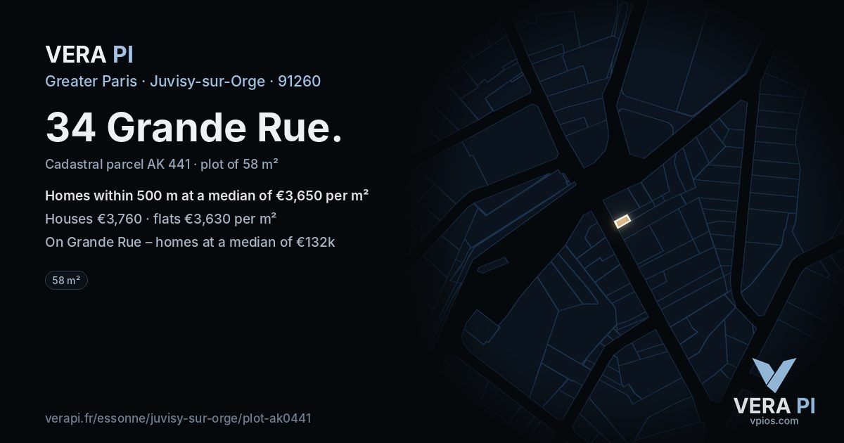 34 Grande Rue, Juvisy-sur-Orge at night – the plot lit, the parcels around coloured by the prices near them