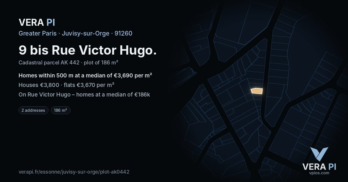 9 bis Rue Victor Hugo, Juvisy-sur-Orge at night – the plot lit, the parcels around coloured by the prices near them