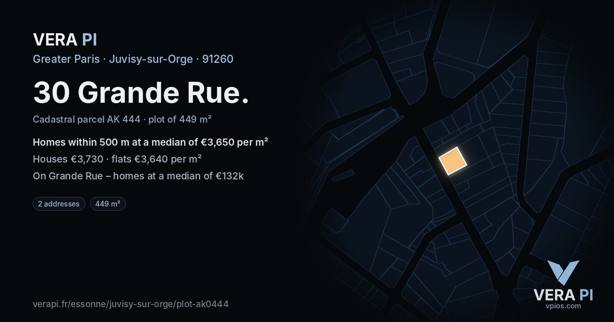 30 Grande Rue, Juvisy-sur-Orge at night – the plot lit, the parcels around coloured by the prices near them