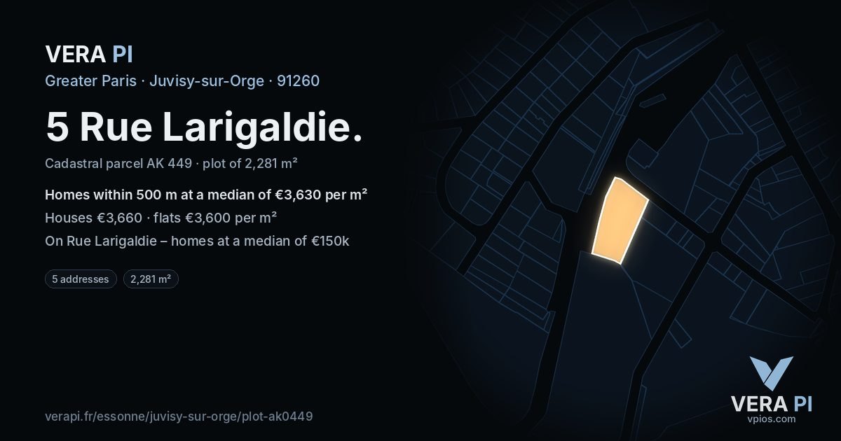 5 Rue Larigaldie, Juvisy-sur-Orge at night – the plot lit, the parcels around coloured by the prices near them
