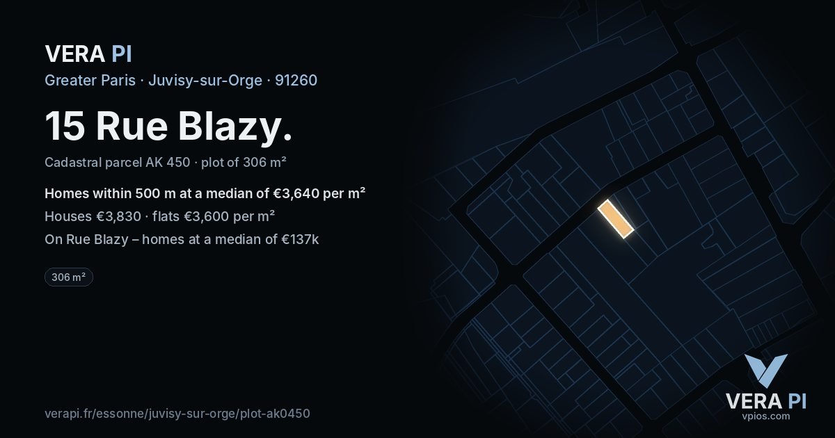 15 Rue Blazy, Juvisy-sur-Orge at night – the plot lit, the parcels around coloured by the prices near them