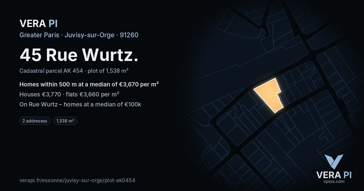 45 Rue Wurtz, Juvisy-sur-Orge at night – the plot lit, the parcels around coloured by the prices near them