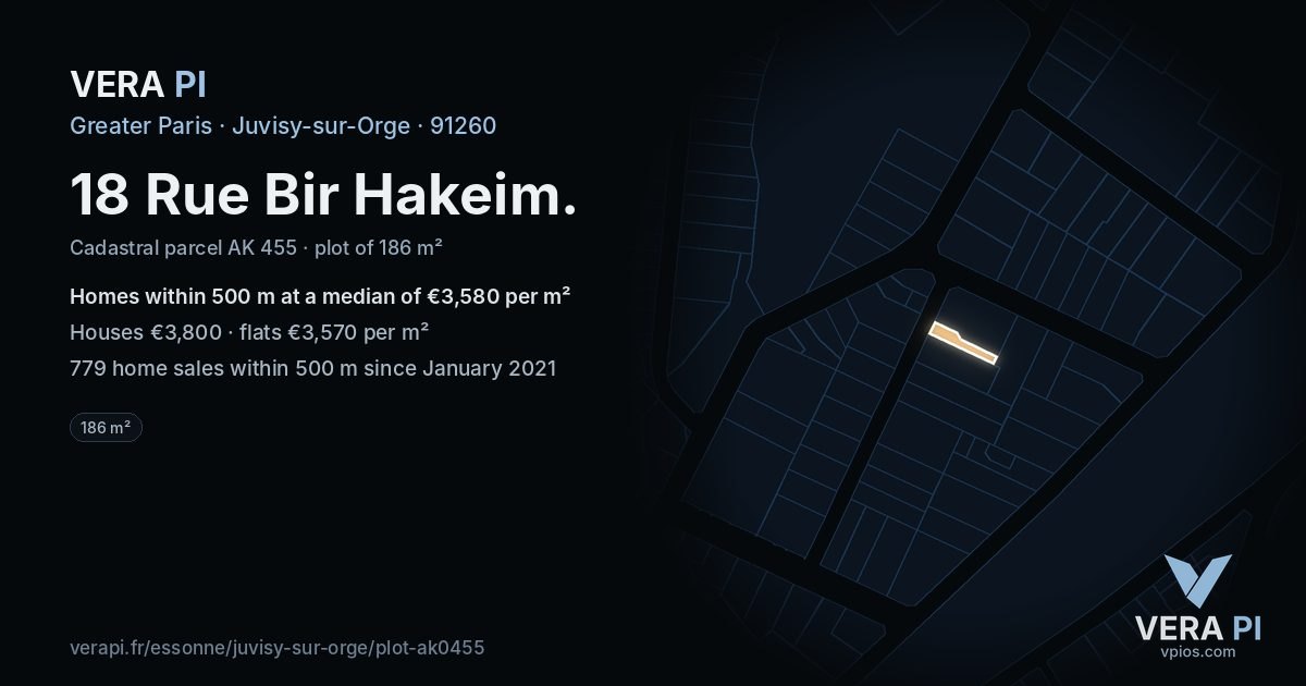 18 Rue Bir Hakeim, Juvisy-sur-Orge at night – the plot lit, the parcels around coloured by the prices near them