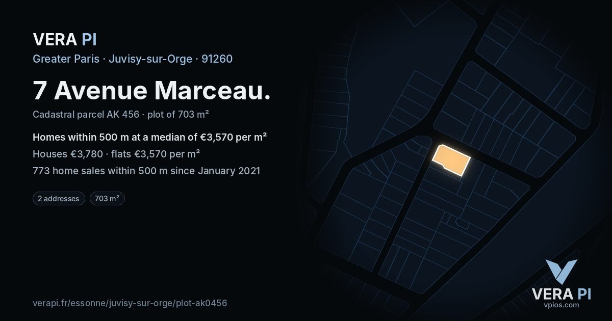 7 Avenue Marceau, Juvisy-sur-Orge at night – the plot lit, the parcels around coloured by the prices near them
