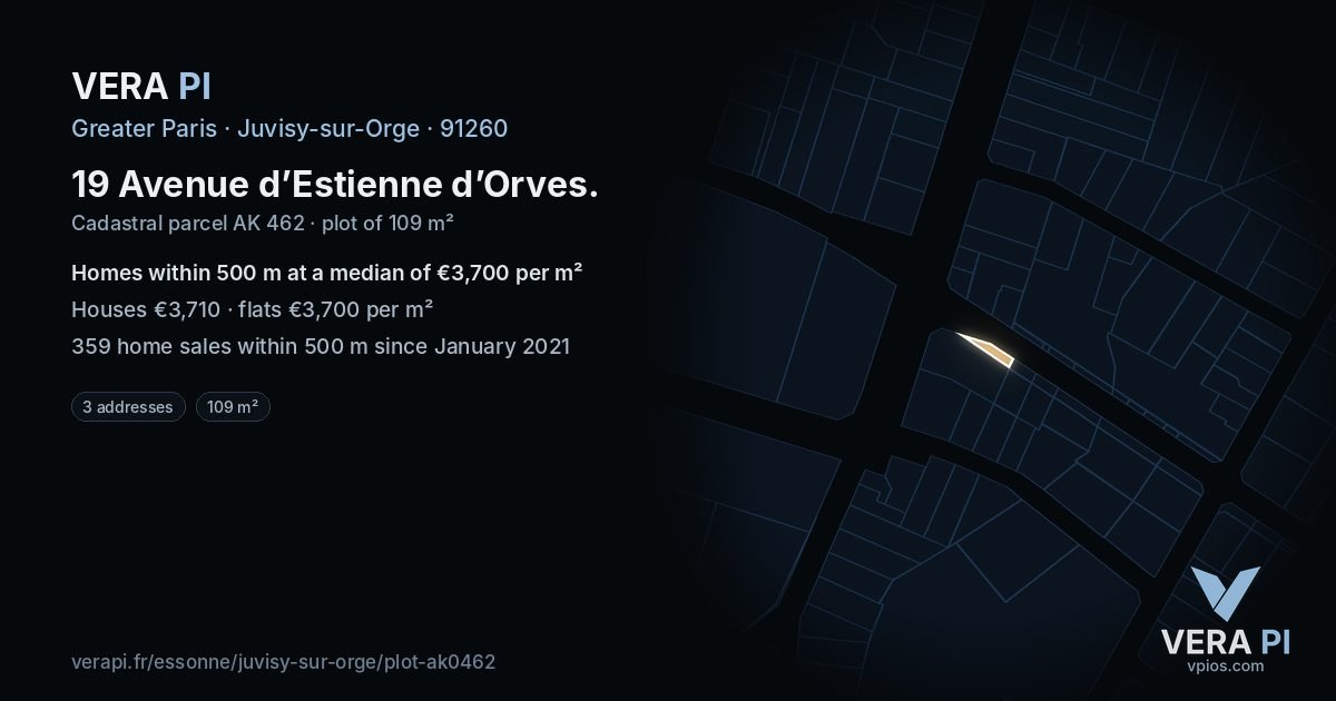 19 Avenue d’Estienne d’Orves, Juvisy-sur-Orge at night – the plot lit, the parcels around coloured by the prices near them