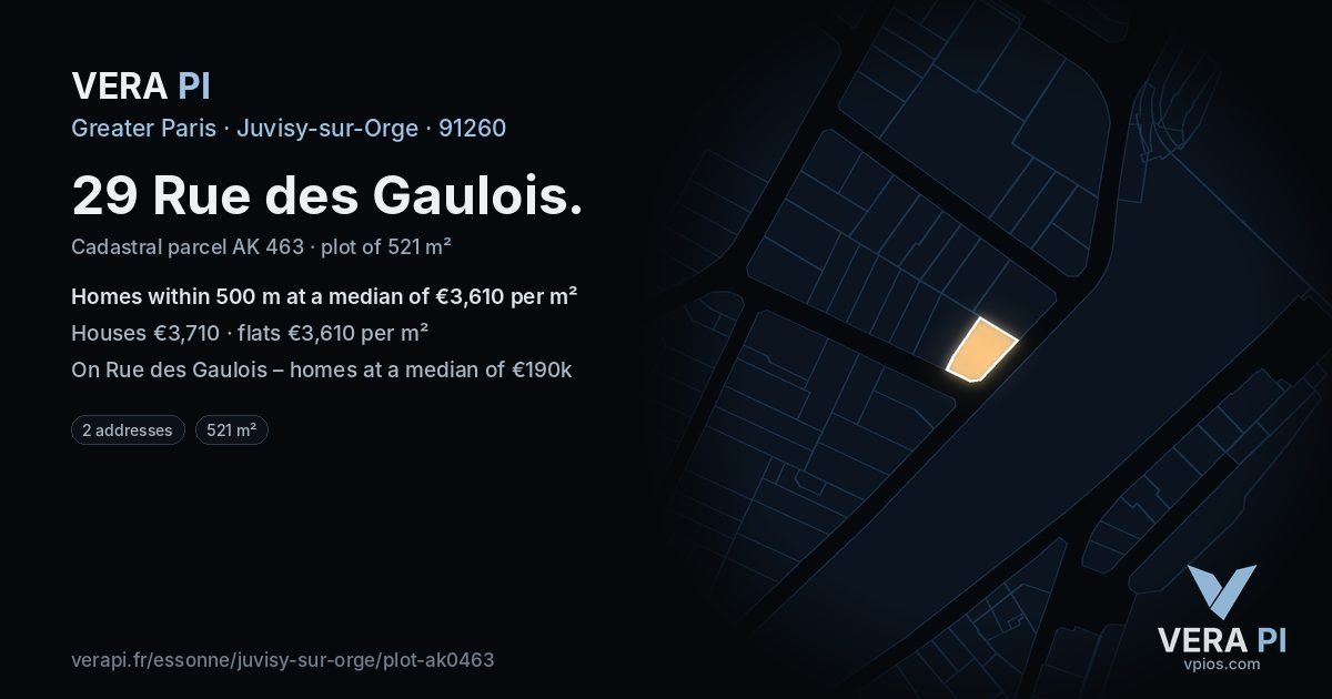 29 Rue des Gaulois, Juvisy-sur-Orge at night – the plot lit, the parcels around coloured by the prices near them