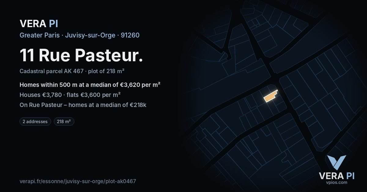 11 Rue Pasteur, Juvisy-sur-Orge at night – the plot lit, the parcels around coloured by the prices near them