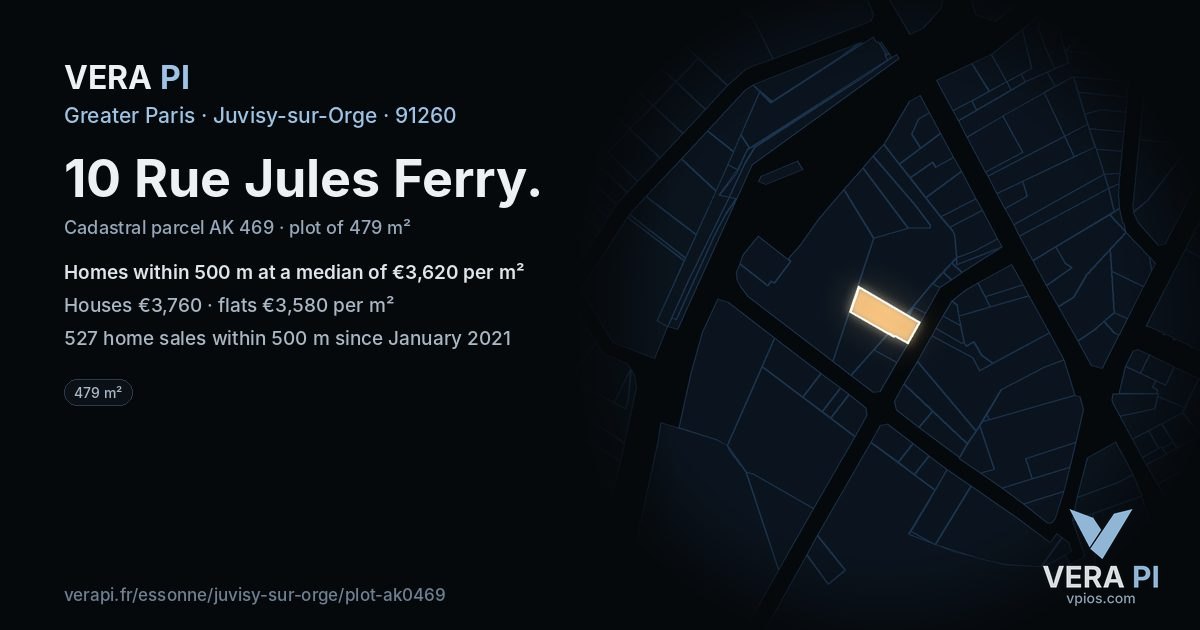 10 Rue Jules Ferry, Juvisy-sur-Orge at night – the plot lit, the parcels around coloured by the prices near them