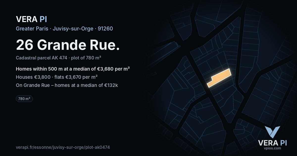 26 Grande Rue, Juvisy-sur-Orge at night – the plot lit, the parcels around coloured by the prices near them