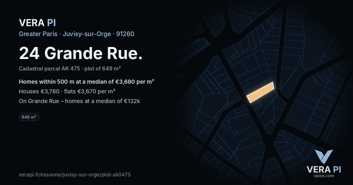 24 Grande Rue, Juvisy-sur-Orge at night – the plot lit, the parcels around coloured by the prices near them