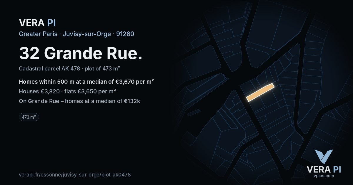 32 Grande Rue, Juvisy-sur-Orge at night – the plot lit, the parcels around coloured by the prices near them