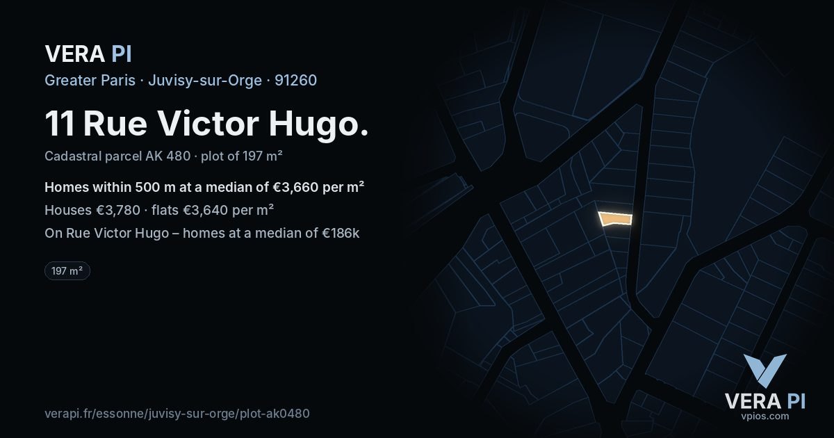 11 Rue Victor Hugo, Juvisy-sur-Orge at night – the plot lit, the parcels around coloured by the prices near them