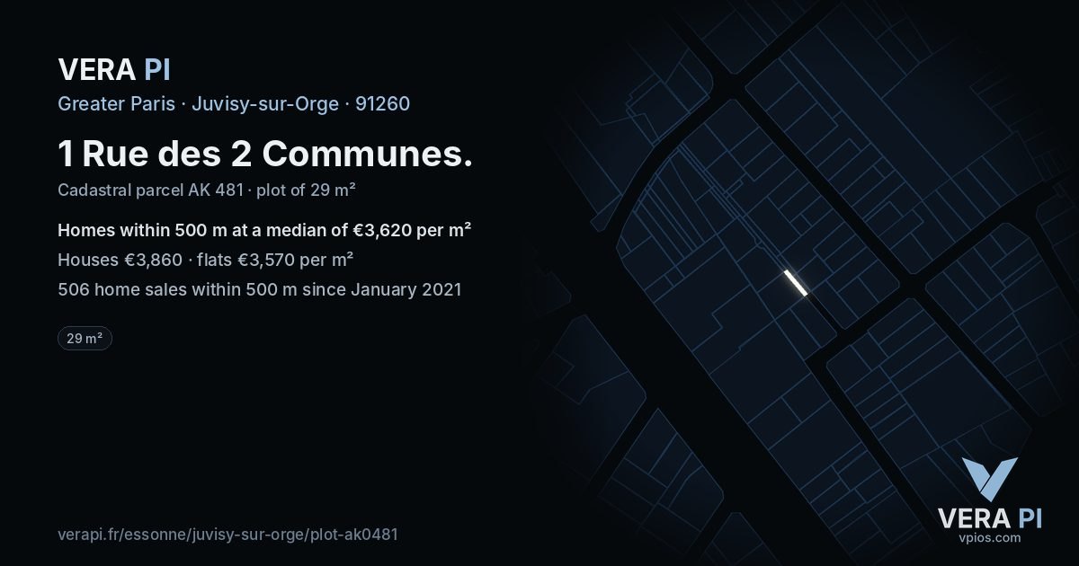 1 Rue des 2 Communes, Juvisy-sur-Orge at night – the plot lit, the parcels around coloured by the prices near them