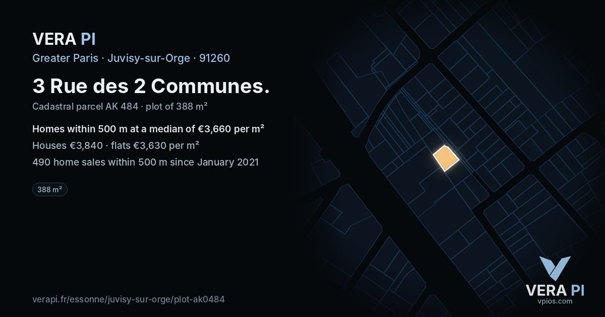 3 Rue des 2 Communes, Juvisy-sur-Orge at night – the plot lit, the parcels around coloured by the prices near them