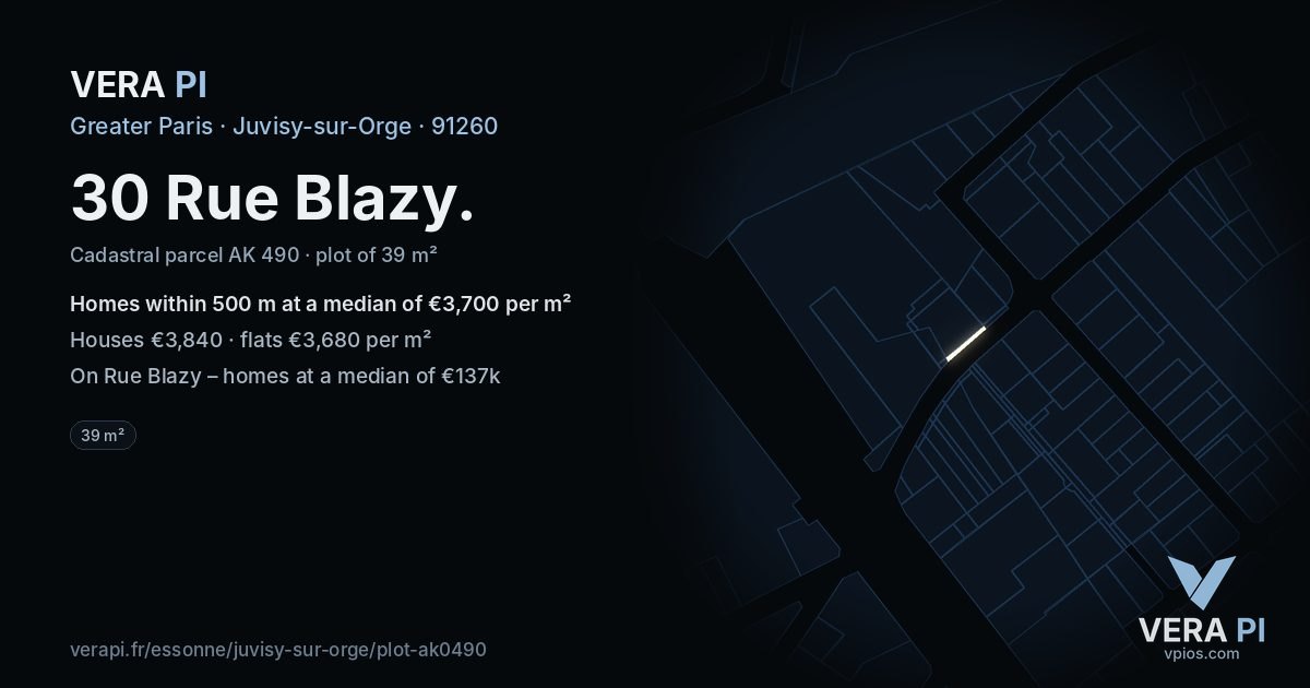 30 Rue Blazy, Juvisy-sur-Orge at night – the plot lit, the parcels around coloured by the prices near them