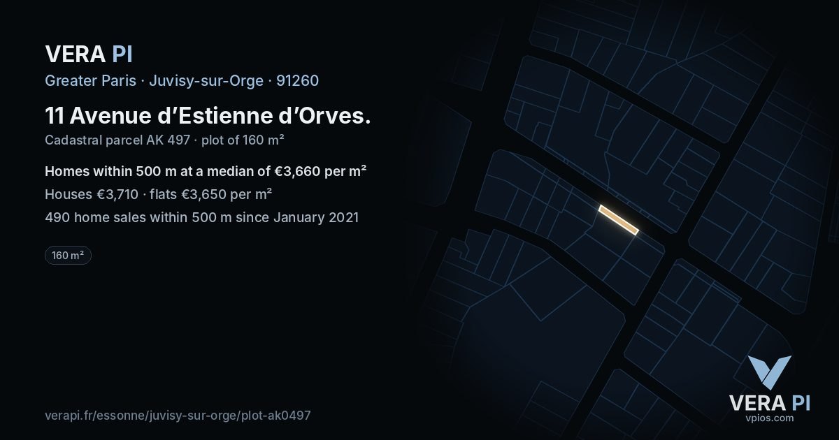 11 Avenue d’Estienne d’Orves, Juvisy-sur-Orge at night – the plot lit, the parcels around coloured by the prices near them