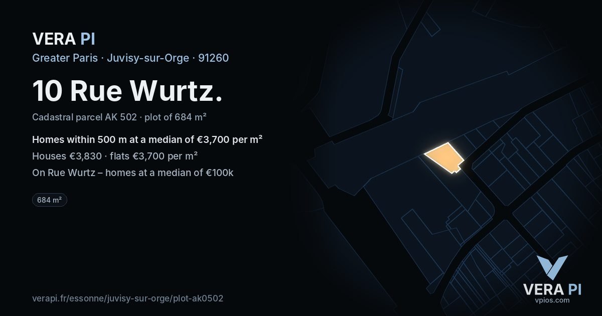 10 Rue Wurtz, Juvisy-sur-Orge at night – the plot lit, the parcels around coloured by the prices near them
