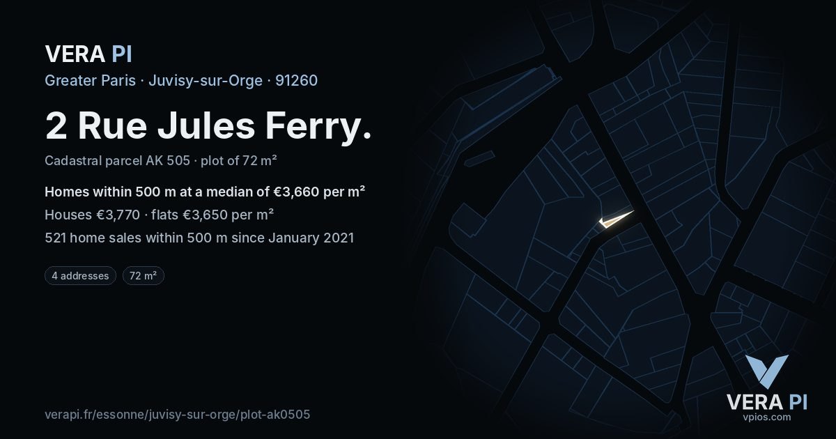 2 Rue Jules Ferry, Juvisy-sur-Orge at night – the plot lit, the parcels around coloured by the prices near them