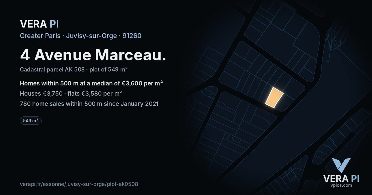 4 Avenue Marceau, Juvisy-sur-Orge at night – the plot lit, the parcels around coloured by the prices near them