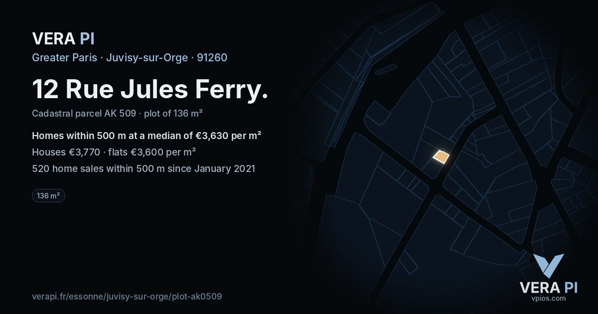 12 Rue Jules Ferry, Juvisy-sur-Orge at night – the plot lit, the parcels around coloured by the prices near them