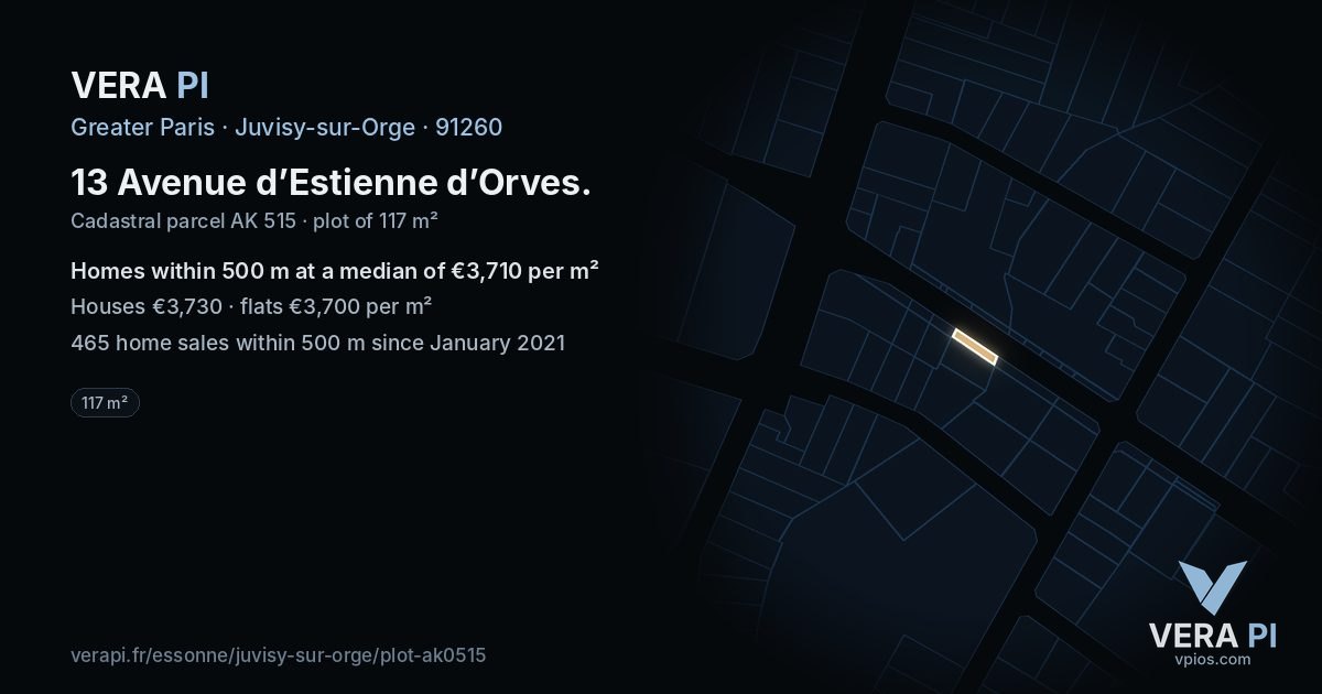 13 Avenue d’Estienne d’Orves, Juvisy-sur-Orge at night – the plot lit, the parcels around coloured by the prices near them