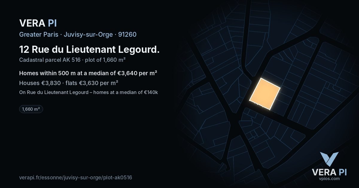 12 Rue du Lieutenant Legourd, Juvisy-sur-Orge at night – the plot lit, the parcels around coloured by the prices near them