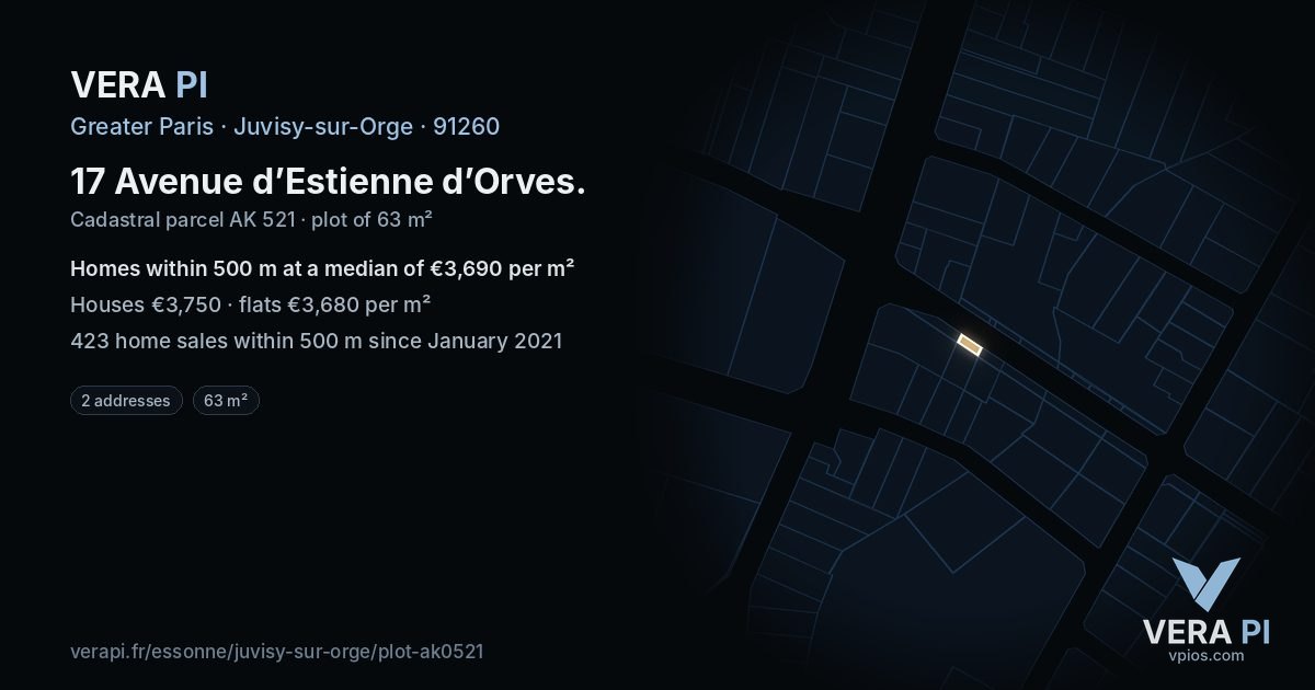 17 Avenue d’Estienne d’Orves, Juvisy-sur-Orge at night – the plot lit, the parcels around coloured by the prices near them