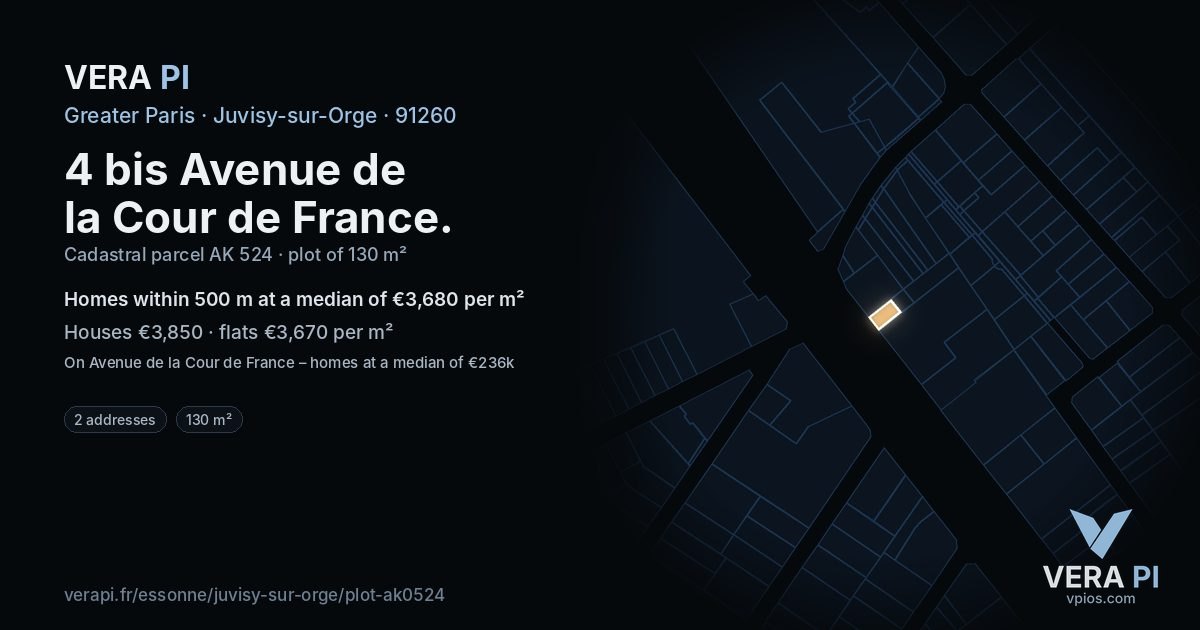 4 bis Avenue de la Cour de France, Juvisy-sur-Orge at night – the plot lit, the parcels around coloured by the prices near them