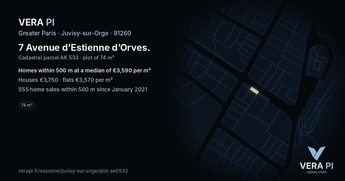 7 Avenue d’Estienne d’Orves, Juvisy-sur-Orge at night – the plot lit, the parcels around coloured by the prices near them