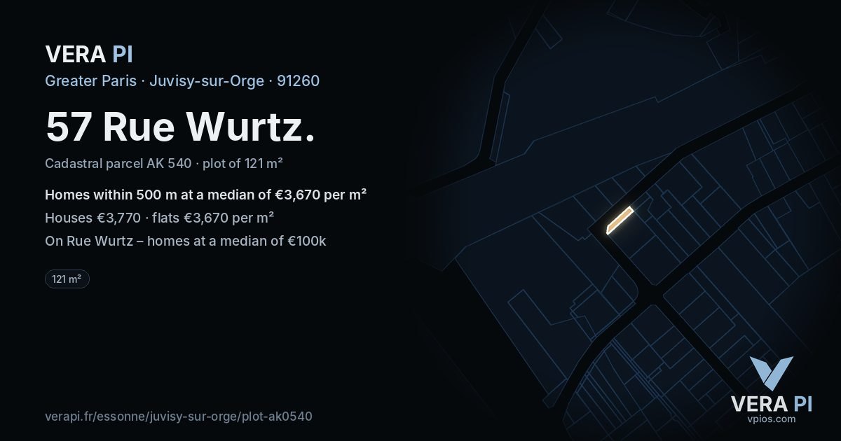 57 Rue Wurtz, Juvisy-sur-Orge at night – the plot lit, the parcels around coloured by the prices near them