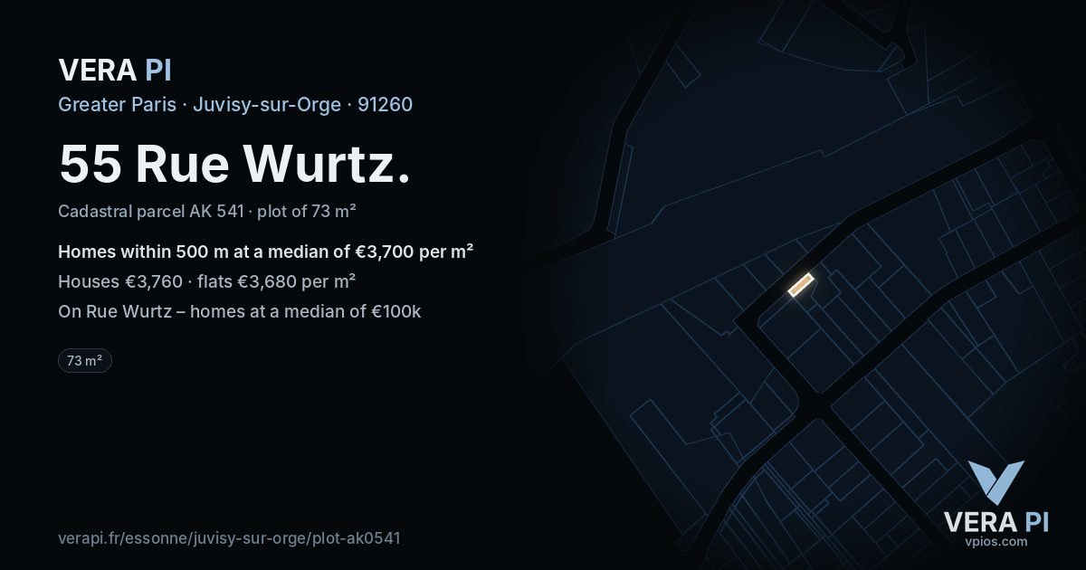 55 Rue Wurtz, Juvisy-sur-Orge at night – the plot lit, the parcels around coloured by the prices near them