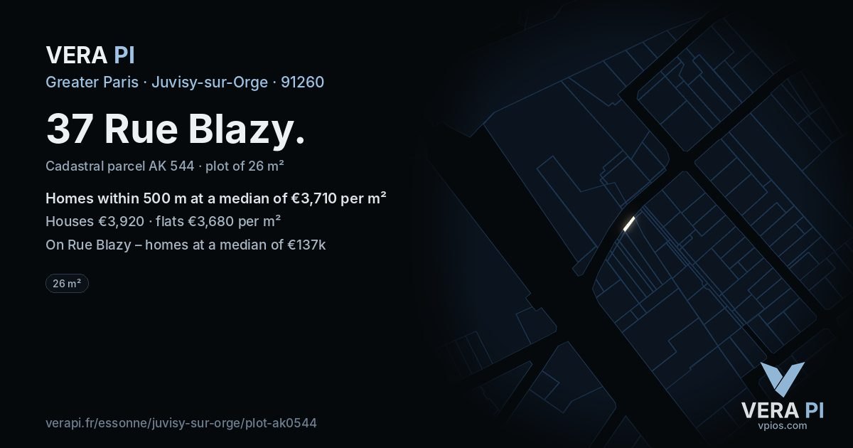 37 Rue Blazy, Juvisy-sur-Orge at night – the plot lit, the parcels around coloured by the prices near them