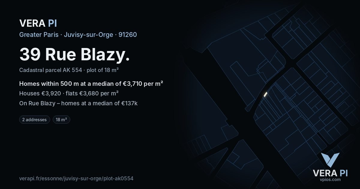 39 Rue Blazy, Juvisy-sur-Orge at night – the plot lit, the parcels around coloured by the prices near them