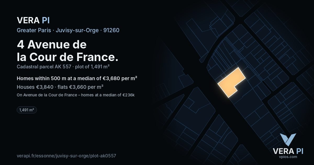 4 Avenue de la Cour de France, Juvisy-sur-Orge at night – the plot lit, the parcels around coloured by the prices near them