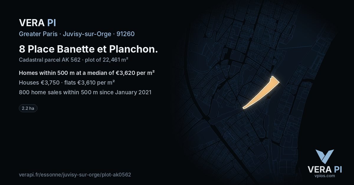 8 Place Banette et Planchon, Juvisy-sur-Orge at night – the plot lit, the parcels around coloured by the prices near them