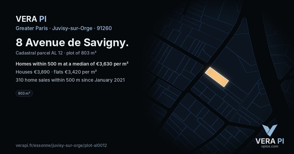 8 Avenue de Savigny, Juvisy-sur-Orge at night – the plot lit, the parcels around coloured by the prices near them