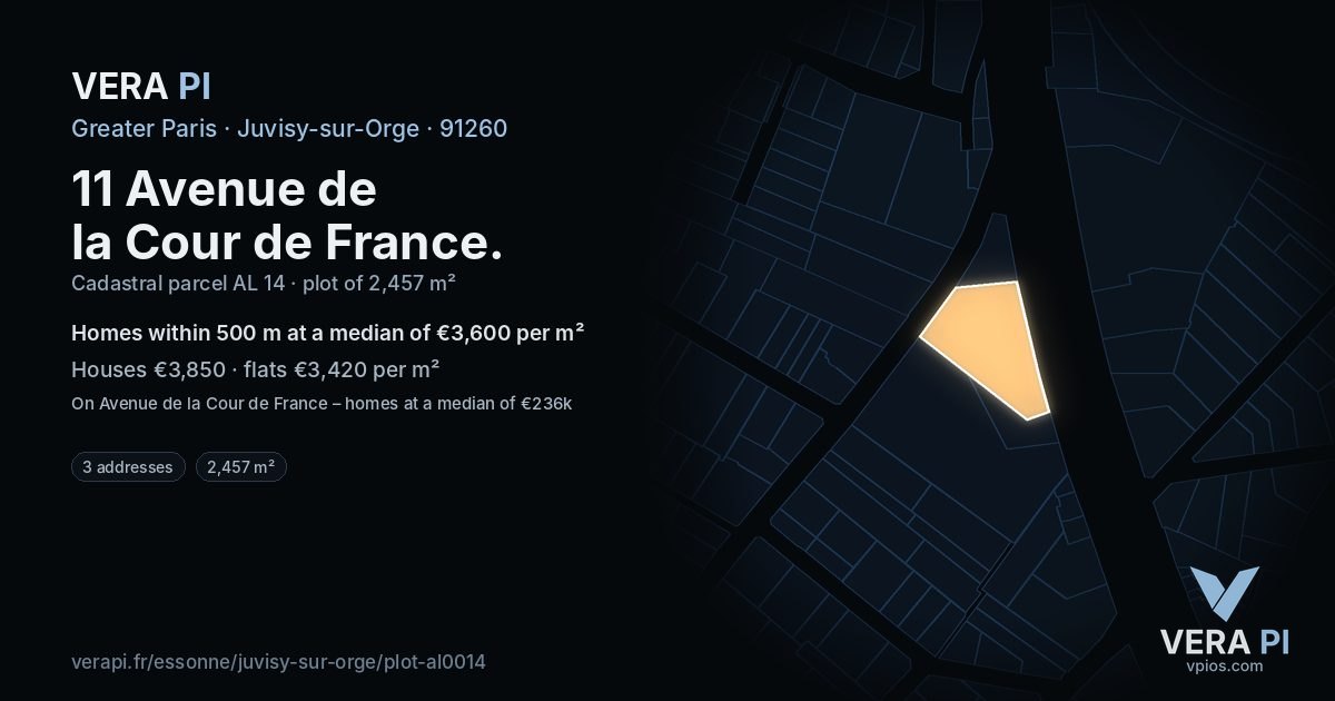 11 Avenue de la Cour de France, Juvisy-sur-Orge at night – the plot lit, the parcels around coloured by the prices near them