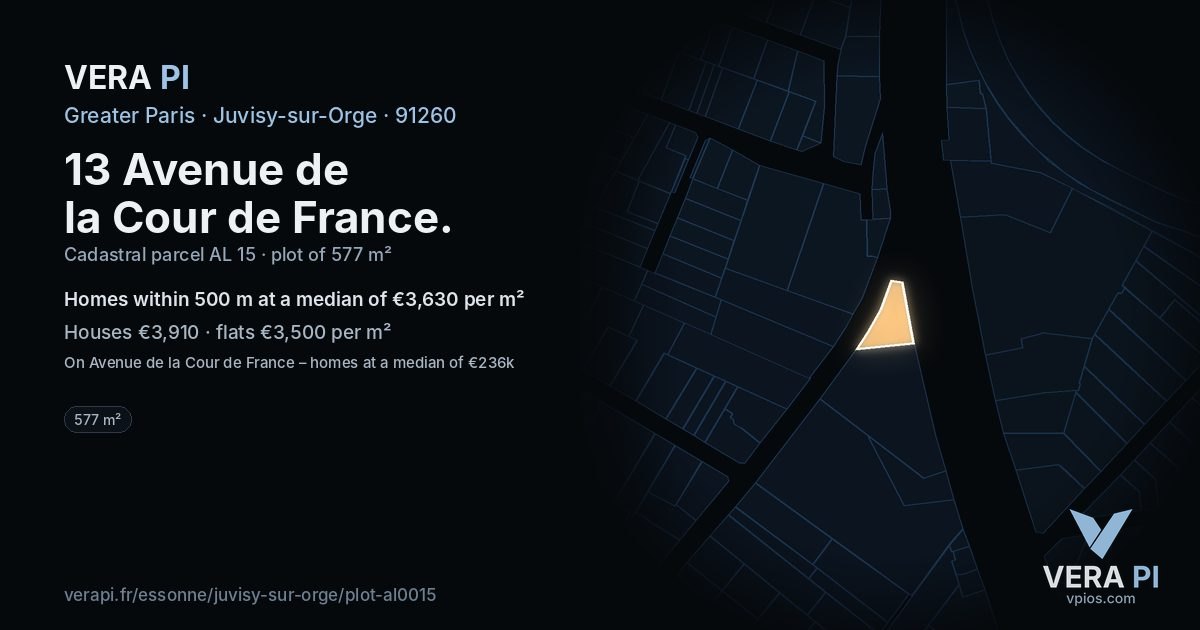 13 Avenue de la Cour de France, Juvisy-sur-Orge at night – the plot lit, the parcels around coloured by the prices near them