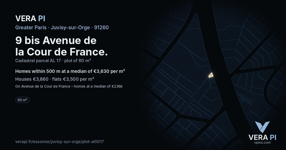 9 bis Avenue de la Cour de France, Juvisy-sur-Orge at night – the plot lit, the parcels around coloured by the prices near them