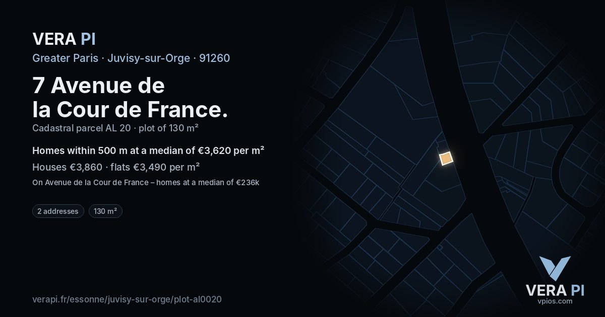 7 Avenue de la Cour de France, Juvisy-sur-Orge at night – the plot lit, the parcels around coloured by the prices near them