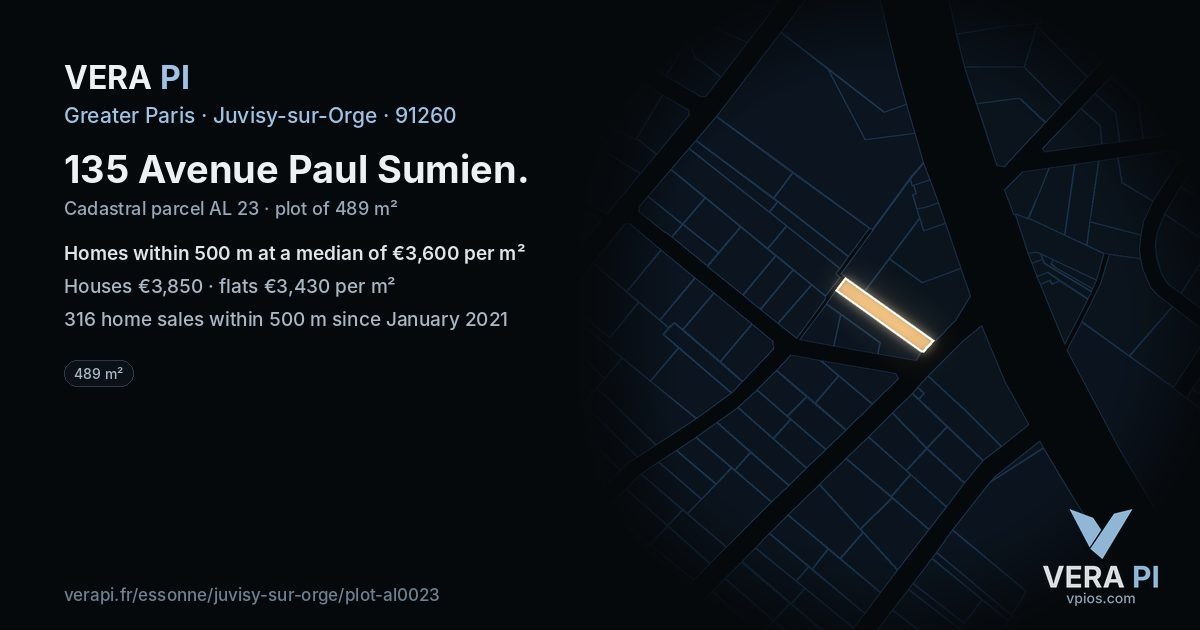 135 Avenue Paul Sumien, Juvisy-sur-Orge at night – the plot lit, the parcels around coloured by the prices near them