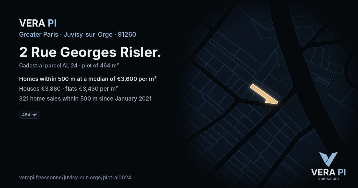 2 Rue Georges Risler, Juvisy-sur-Orge at night – the plot lit, the parcels around coloured by the prices near them