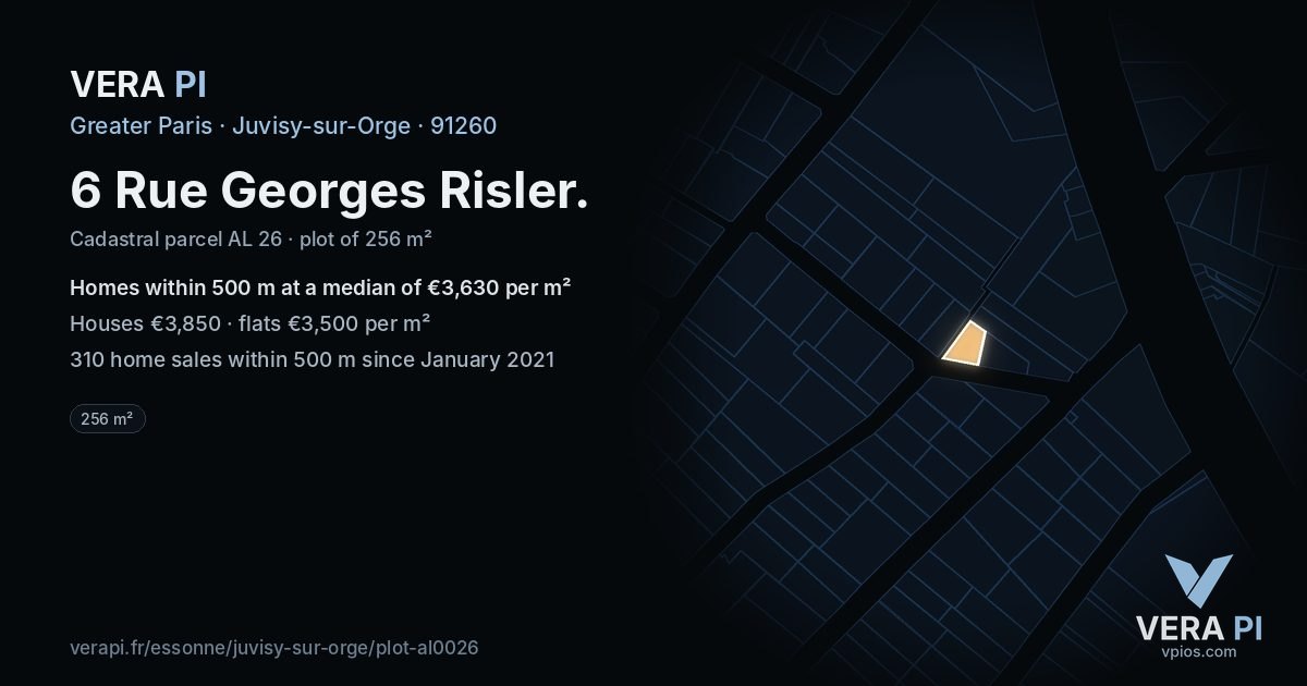 6 Rue Georges Risler, Juvisy-sur-Orge at night – the plot lit, the parcels around coloured by the prices near them