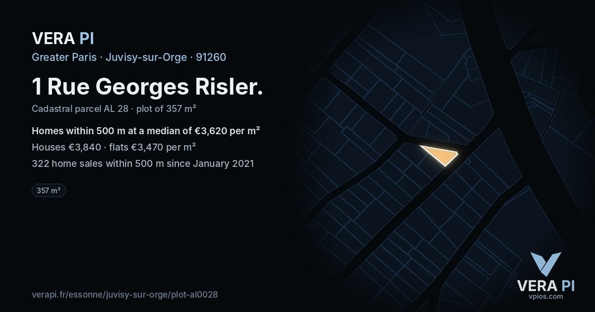 1 Rue Georges Risler, Juvisy-sur-Orge at night – the plot lit, the parcels around coloured by the prices near them