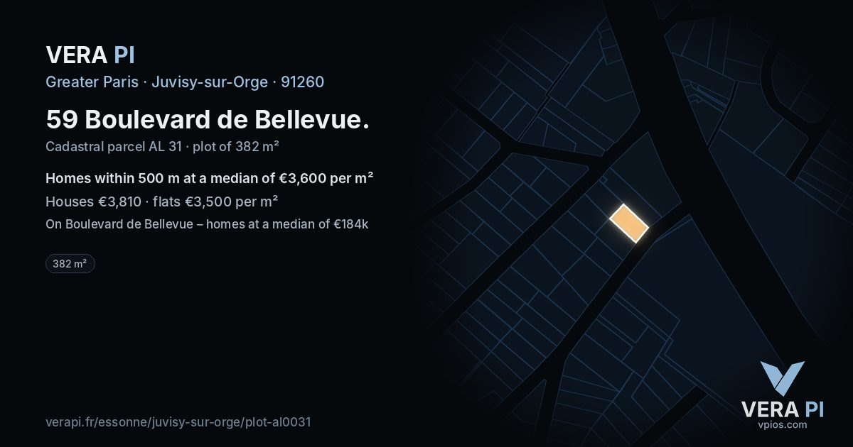 59 Boulevard de Bellevue, Juvisy-sur-Orge at night – the plot lit, the parcels around coloured by the prices near them