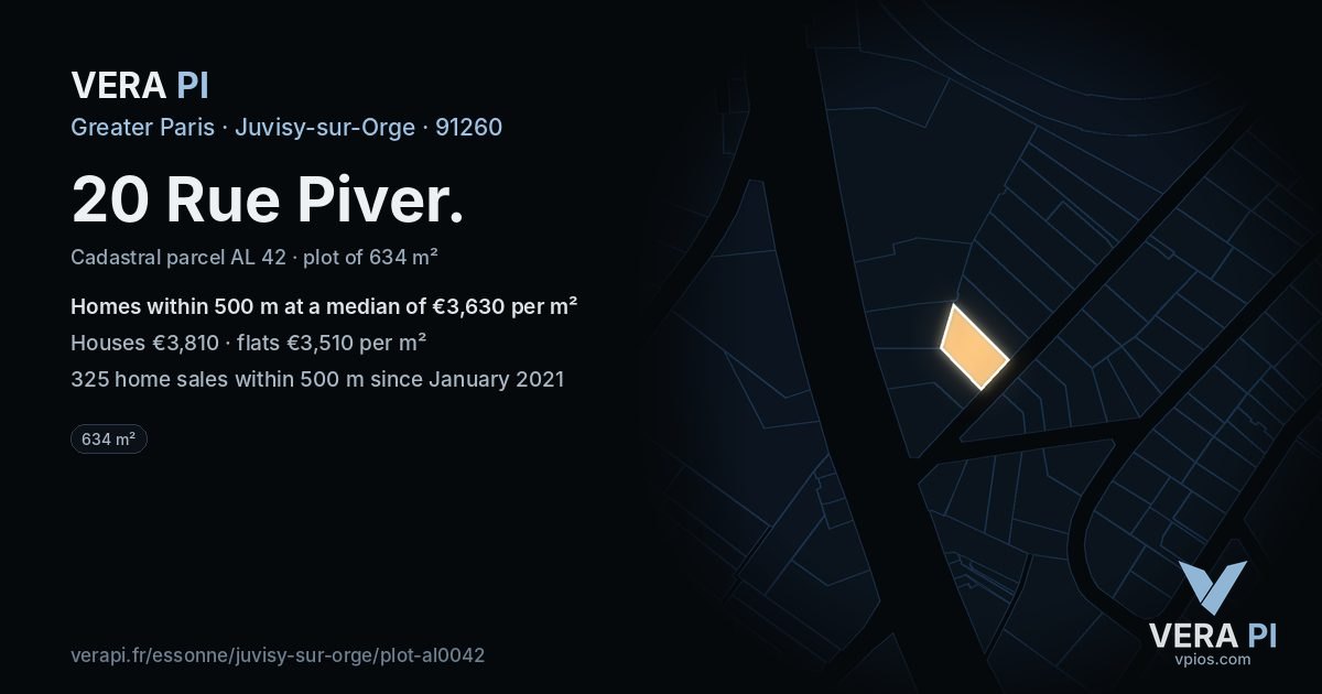 20 Rue Piver, Juvisy-sur-Orge at night – the plot lit, the parcels around coloured by the prices near them