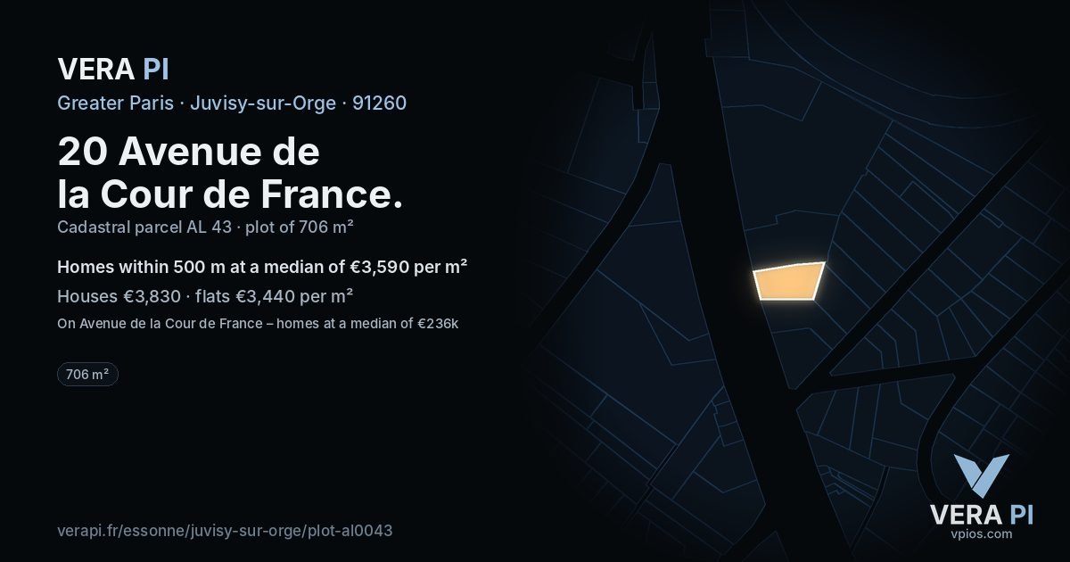 20 Avenue de la Cour de France, Juvisy-sur-Orge at night – the plot lit, the parcels around coloured by the prices near them