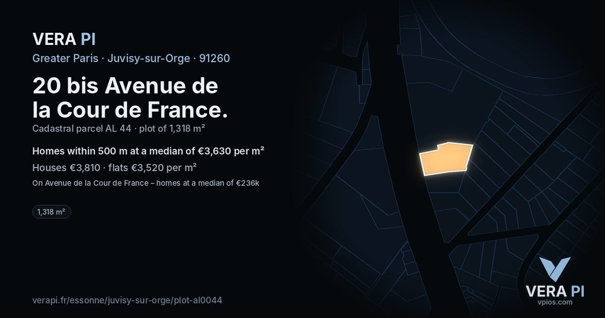 20 bis Avenue de la Cour de France, Juvisy-sur-Orge at night – the plot lit, the parcels around coloured by the prices near them