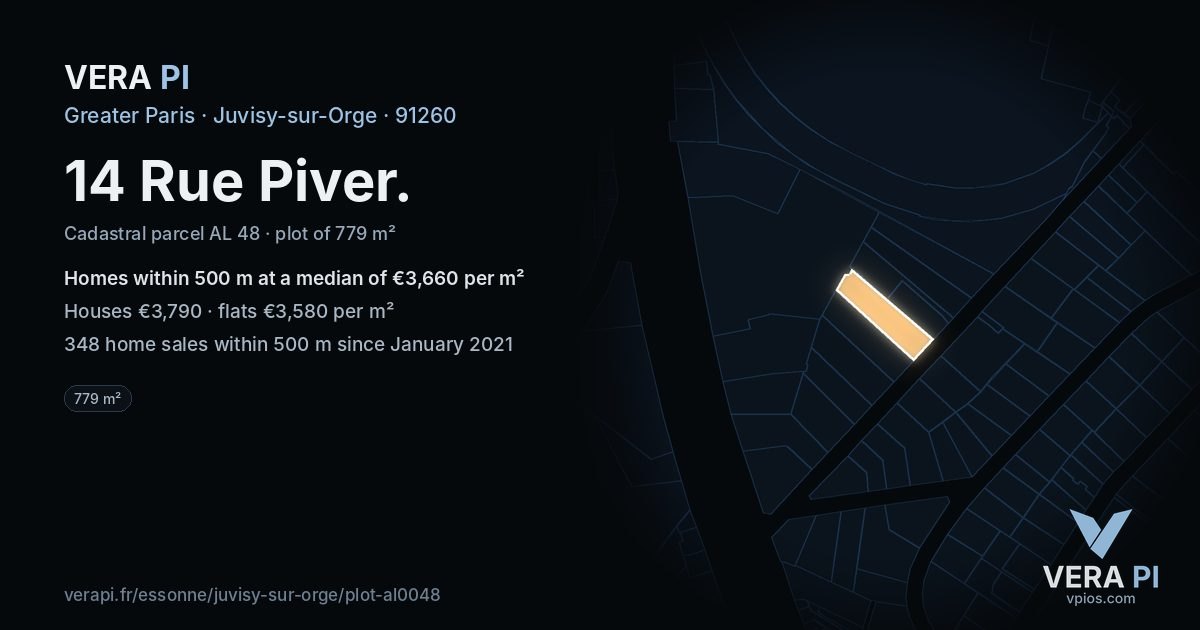 14 Rue Piver, Juvisy-sur-Orge at night – the plot lit, the parcels around coloured by the prices near them