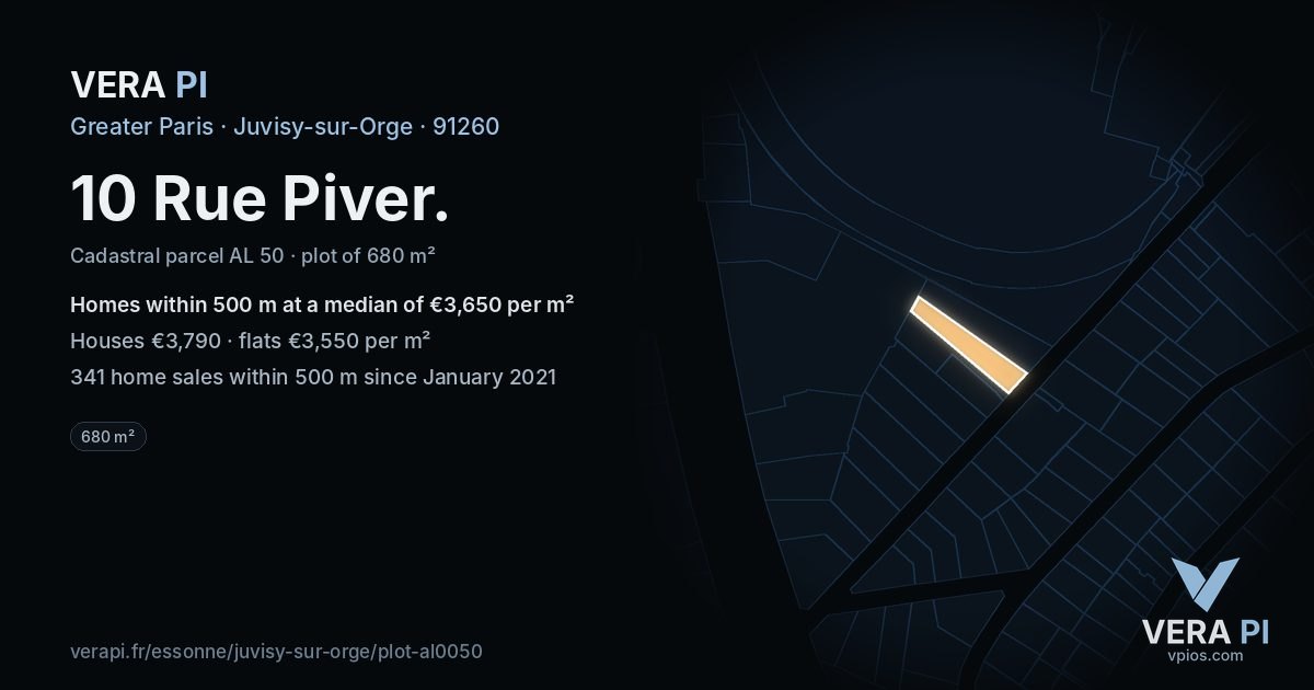 10 Rue Piver, Juvisy-sur-Orge at night – the plot lit, the parcels around coloured by the prices near them